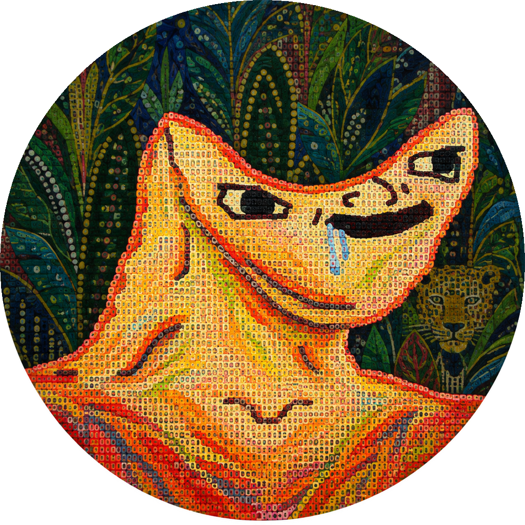 Lapauti, a bright orange mosaic jungle mascot with a wide grin